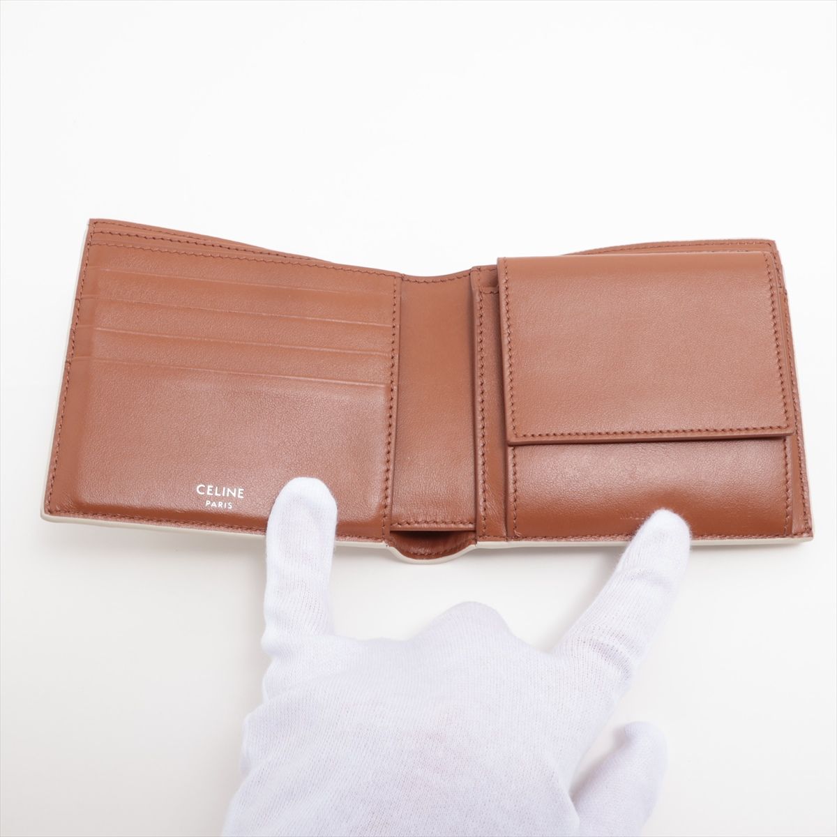 美品　セリーヌ　トリオンフ　キャンバス　レザー　コンパクト　財布　ベージュ CELINE - 美品 セリーヌ トリオンフ キャンバス レザー