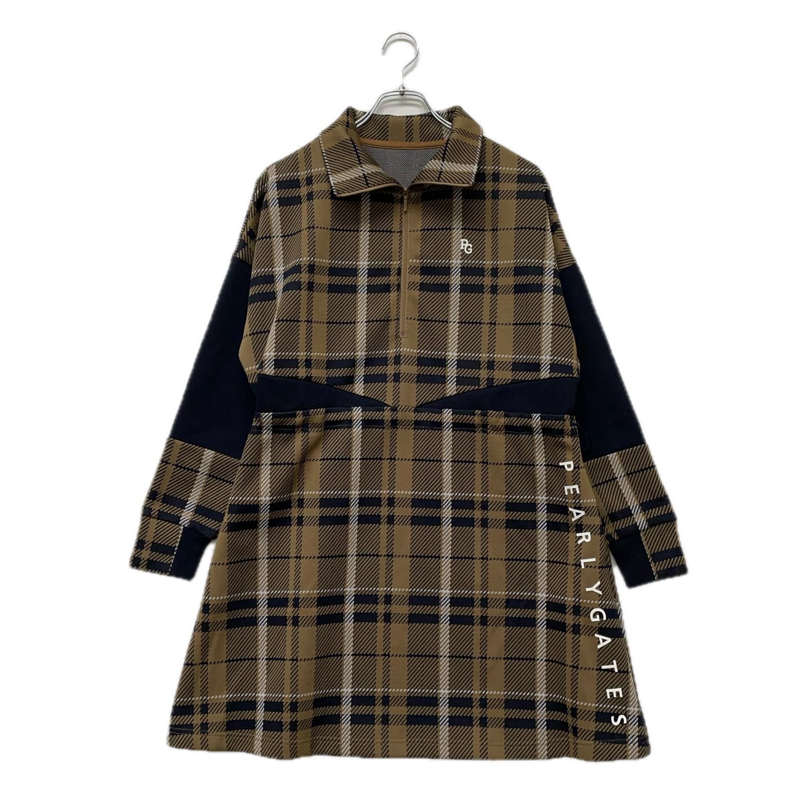 レディース パーリーゲイツ PEARLY GATES ワンピース 1 M ブラウン×紺 長袖 ニット ハーフジップ チェック柄
