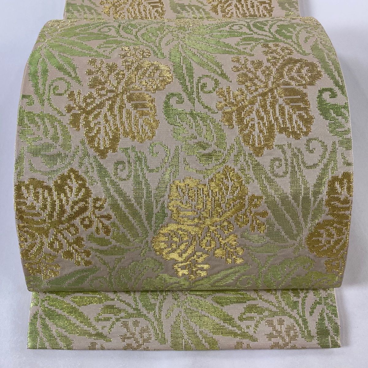 O0574 美品 逸品 希少 龍村平蔵 謹製 正絹 本袋帯 袋帯 美品 逸品 龍村平蔵 落款 桐 笹 金銀糸 灰茶 六通 正絹