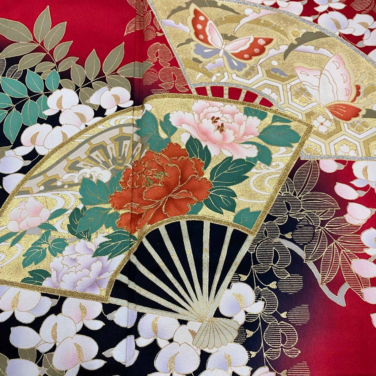 新入荷 袷 M 裄丈65.5cm 身丈164cm 振袖 扇 秀 正絹 赤 金銀彩 金糸 蝶 着物・浴衣