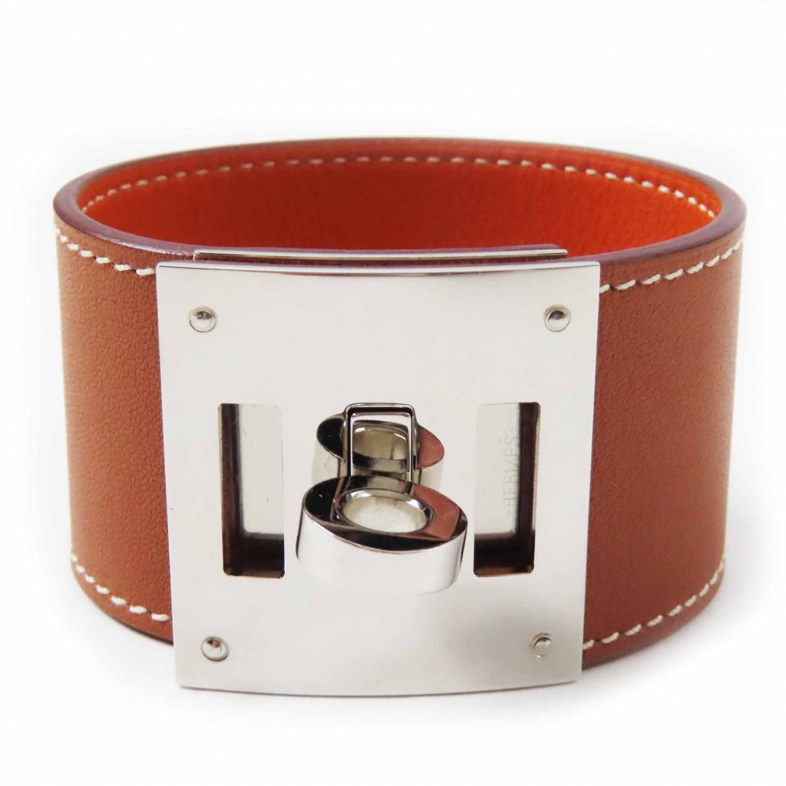 ◎HERMES エルメス ケリードッグ シルバー金具 バングル レザー ブラウン T2 C刻印 箱 保存袋付き フランス製 レディース