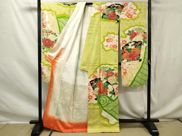 平和屋-こころ店■豪華振袖　駒刺繍　御所車花鳥文　金彩　三越扱い　正絹　逸品　AAAK3176Aog