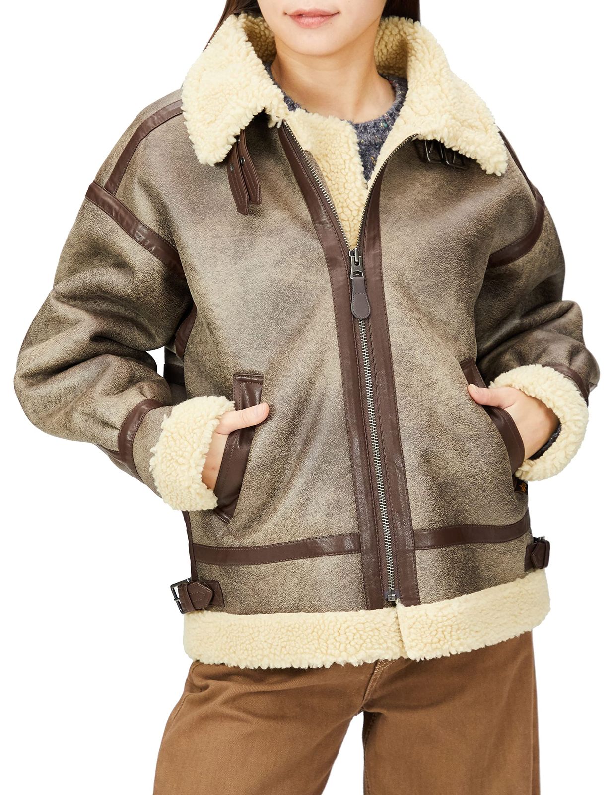 アルファ インダストリーズ フェイクレザージャケット B-3 フェイクムートン レディース VNTG BROWN|BEIGE S