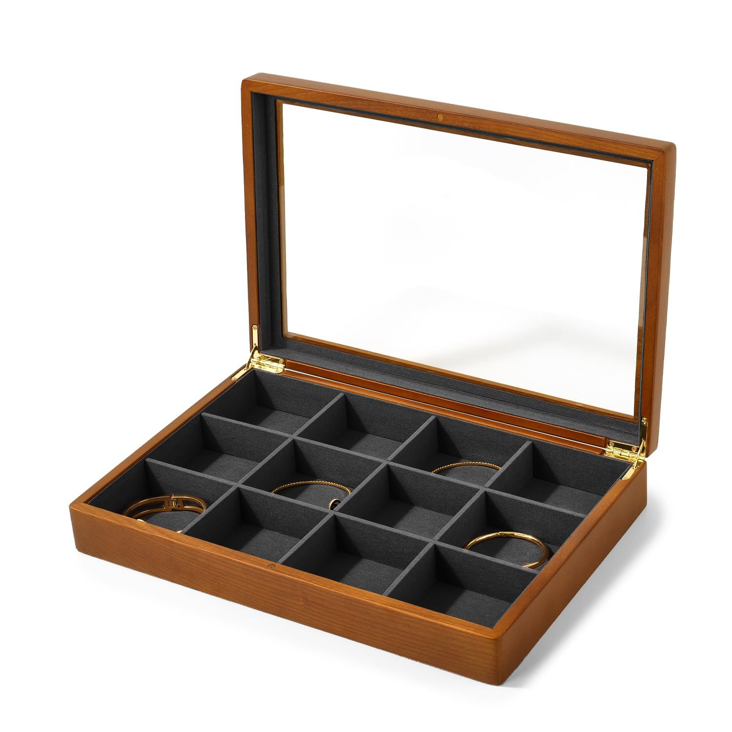 Oirlv ジュエリートレイ 蓋付き 12区画 木製 ジュエリーボックス 大容量 指輪 ネックレス バングル ディスプレイ 収納 透明 おしゃれ 適格請求書に対応 X02408 ダークグレー