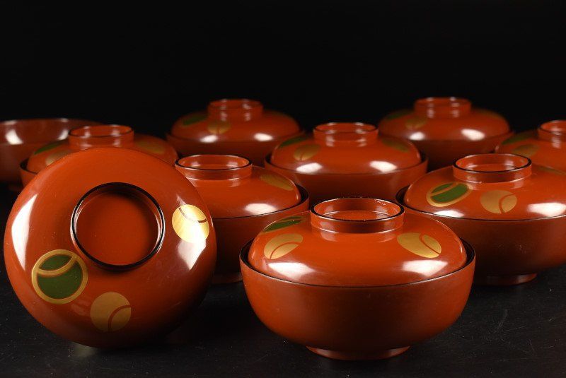 蔵A3344b 木製濃朱塗 つぼつぼ蒔絵 吸物椀 汁椀 十客