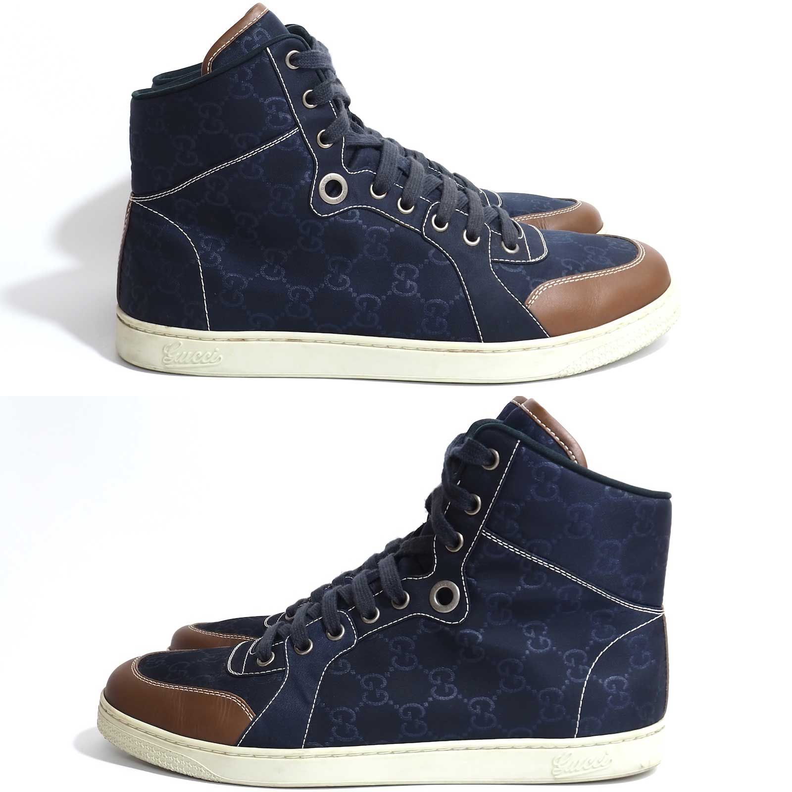 GUCCIネイビー ハイカットスニーカー △良品 グッチ GUCCI イタリア製 GG柄 キャンバスxレザー