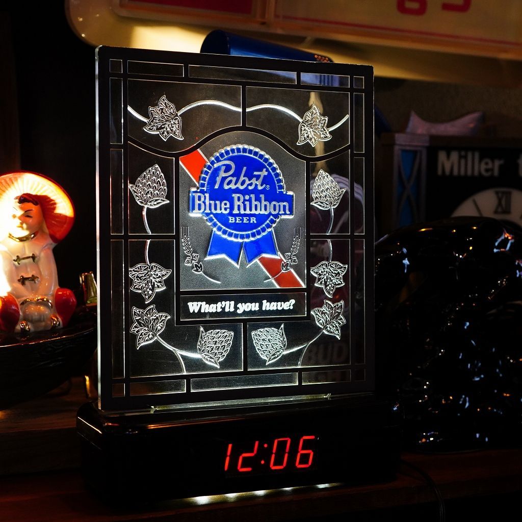 ★1点限り★ Pabst Blue Ribbon パブストブルーリボン ライトサイン 照明 時計 ビンテージ 看板 アメリカ雑貨 ガレージ バー  ヴィンテージ