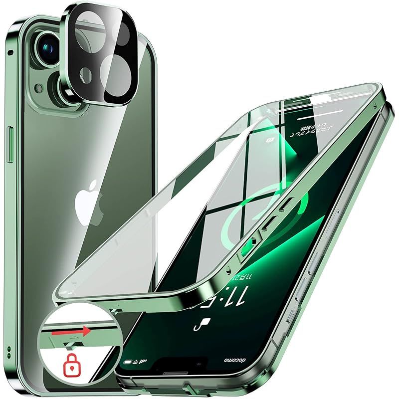 NIANGUO【ロック機能付き・自動ポップアップボタン】 iPhone13 用 ケース クリア 【両面強化ガラス】 9H硬度 【一体型レンズ保護】 アイフォン13 カバー アルミバンパーケース メタルフレーム 耐
