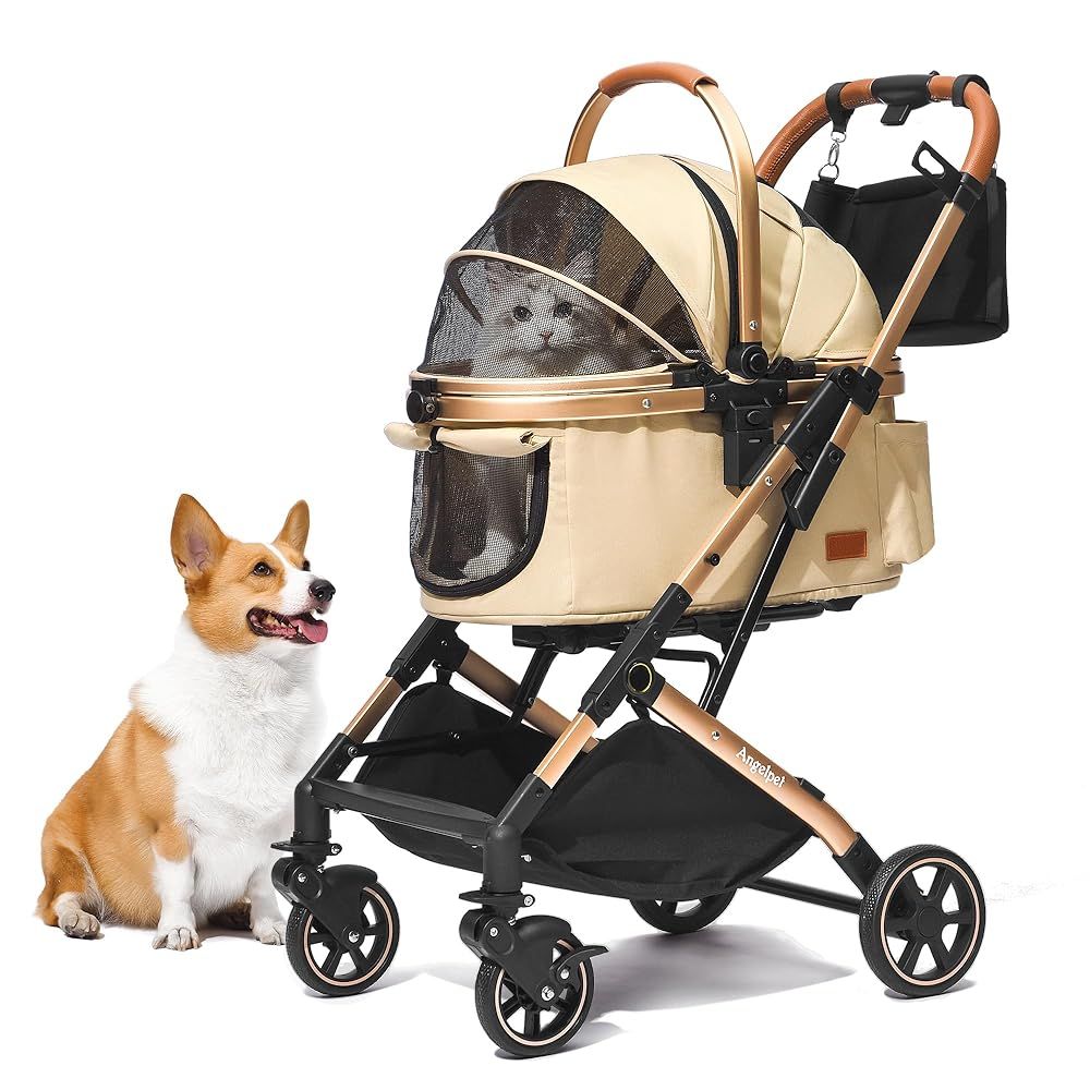 ペットカート 分離型 猫 犬用 バギー いぬ用 4輪 前輪360°回転 前後輪ブレーキ付き 組み立て簡単 コンパクト 軽量 折りたたみ式 カーキ