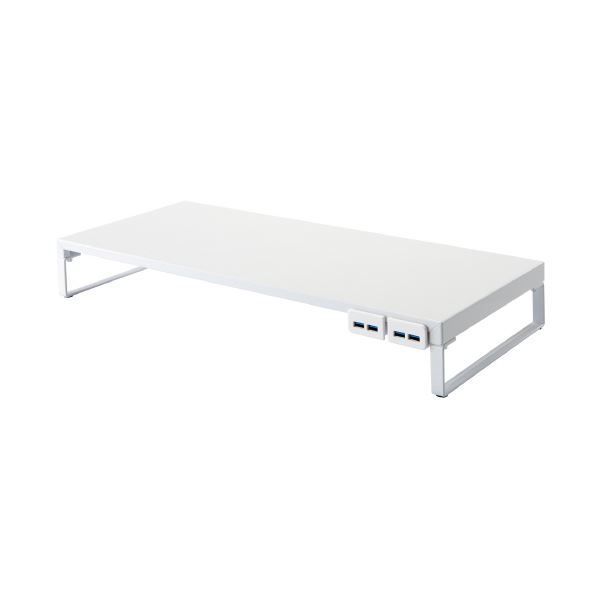 （まとめ）LIHITLAB 机上台 590mm USB3.0ハブ付 白 A-7334-0