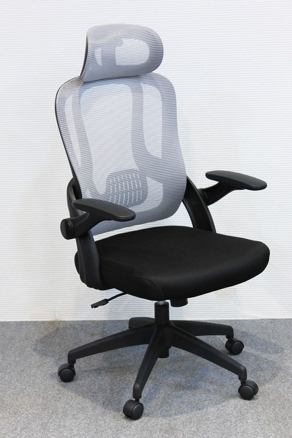 デスクチェア メッシュ張り跳ね上げ肘掛け付きオフィスチェアー グレー