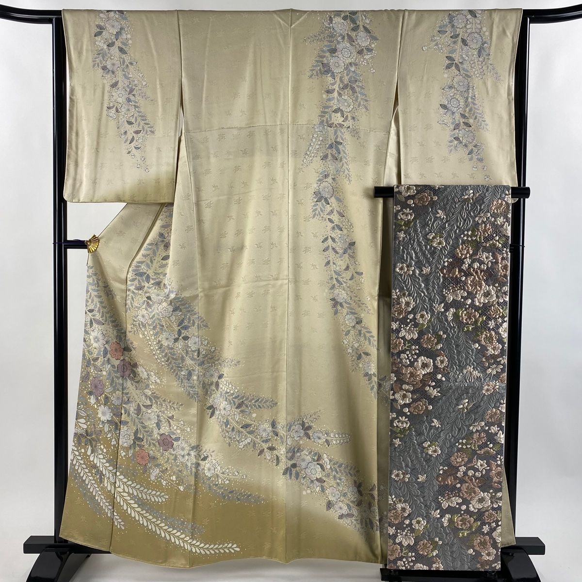 訪問着 身丈162cm 裄丈64cm M 袷 辻が花柄 地紋 ぼかし ベージュ 正絹 名品