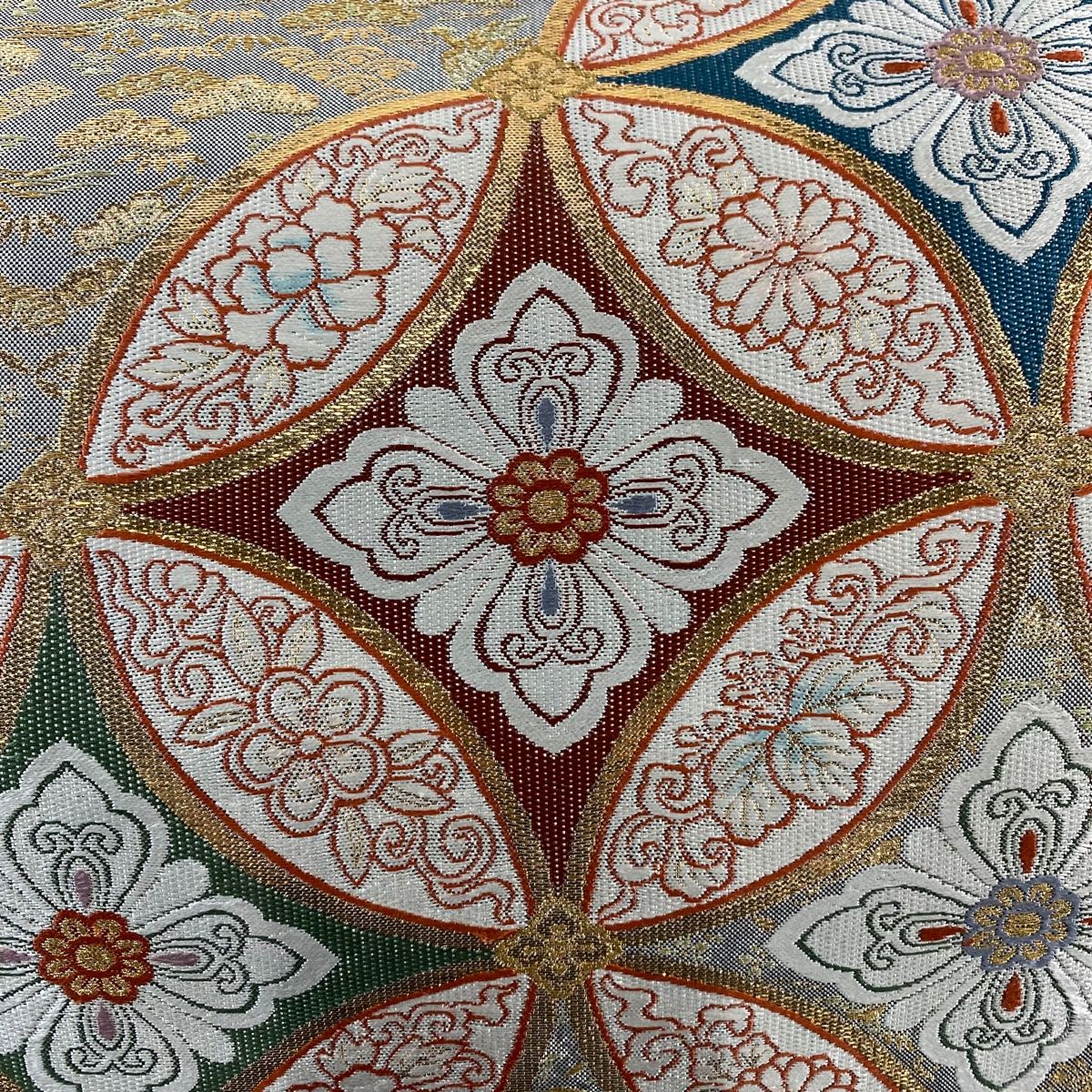 袋帯 秀品 七宝 花唐草 箔 唐織 灰色 六通 正絹