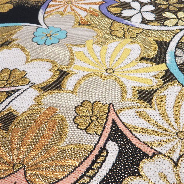 豪華絢爛綺麗美品長さ436cmＧ黒×金花正絹六通袋帯★振袖用★ 豪華絢爛綺麗洗練美品長さ436cmG金花正絹六通袋帯☆