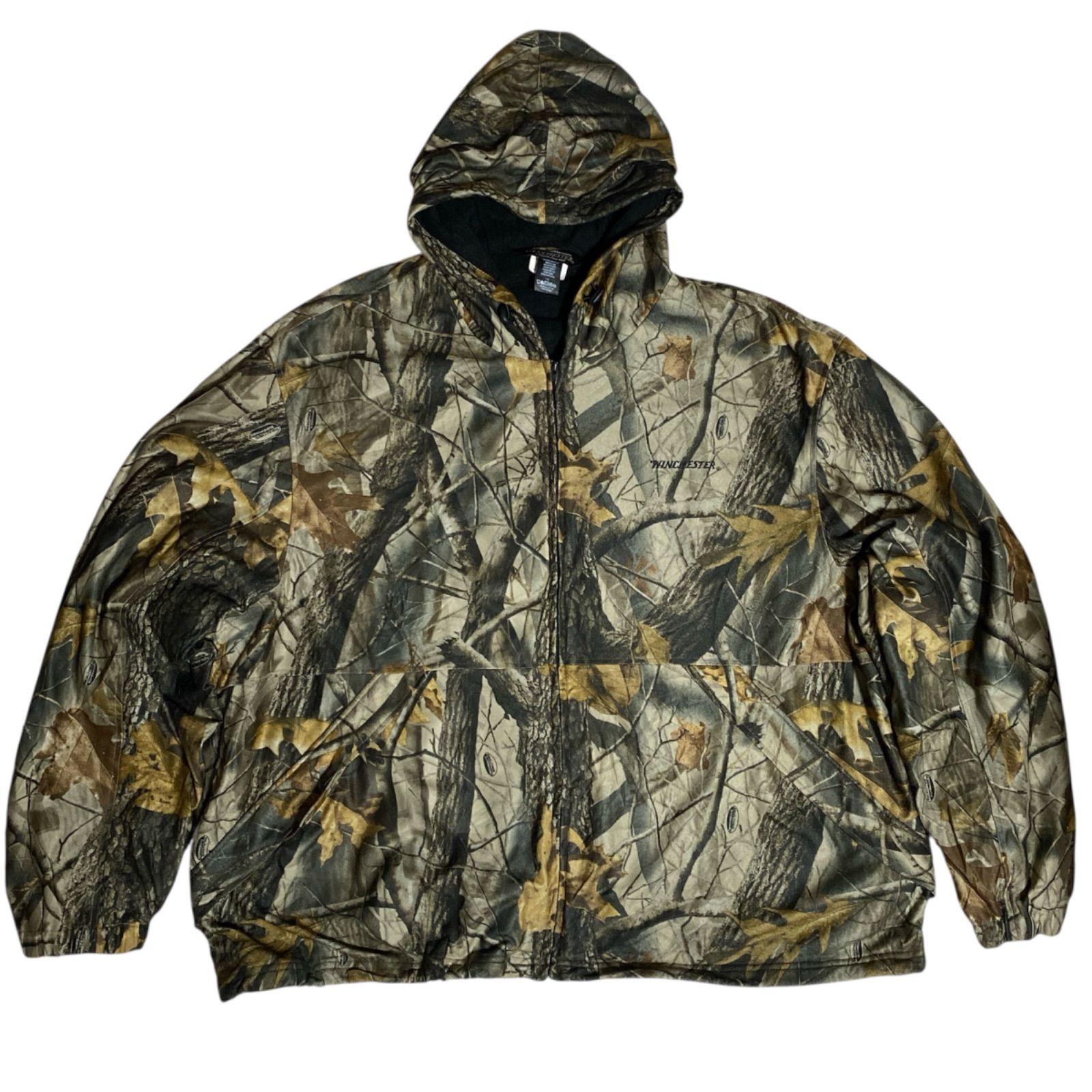 迷彩 リアルツリー柄 総柄 ジップアップ フリース パーカー フード メンズ 古着 アウター