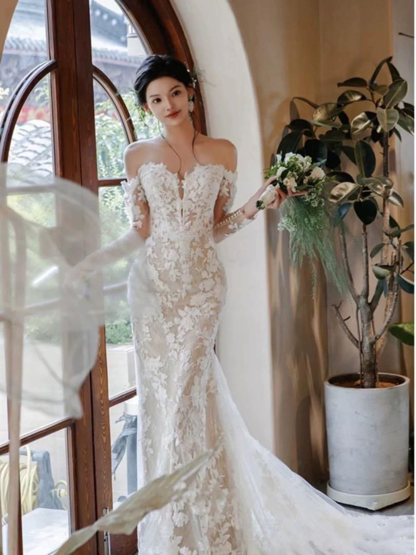  レディースファッション 総レースウェディングドレス ロング丈オフショル 結婚式 ウェディングドレス ドレス ブライダル