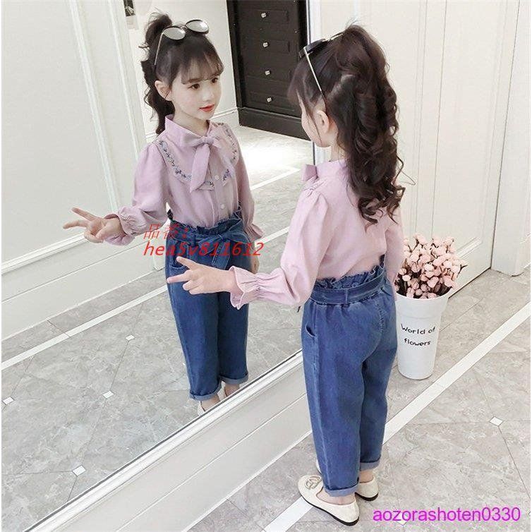 子供服 セットアップ キッズ 女の子 長袖 春秋 上下セット 2点セット シャツ デニムパンツ 150 CM ブラウス ジュニア 蝶結び おしゃれ hea 5 v 811612