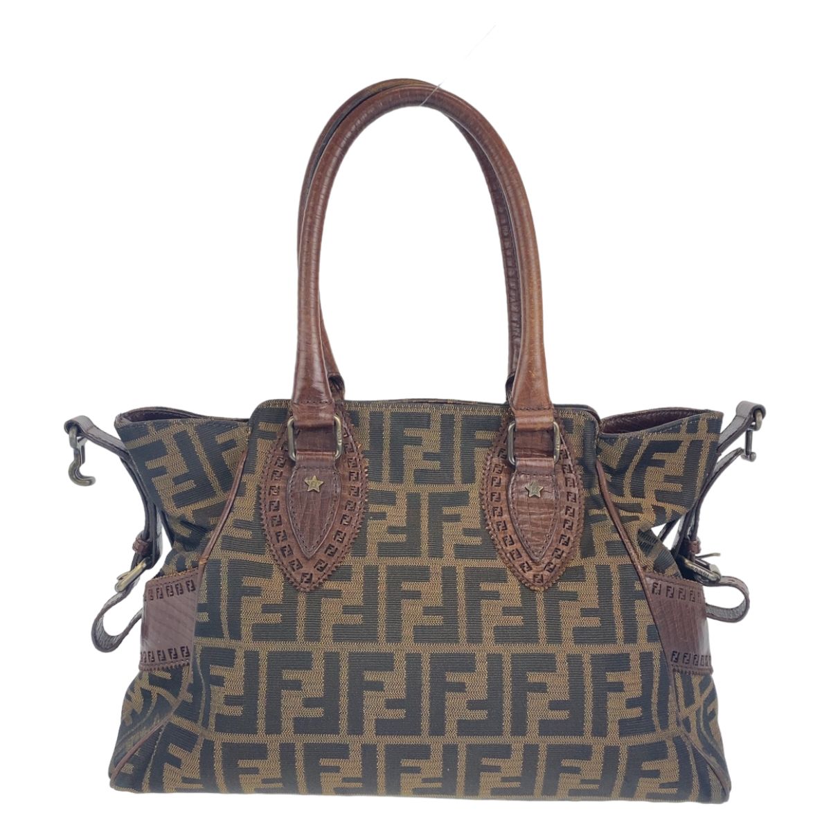 【美品】フェンディ エトニコ ハンドバッグ ズッカ レザー キャンバス 肩掛け FENDI フェンディ ズッカ柄 エトニコ ブラウン キャンバス