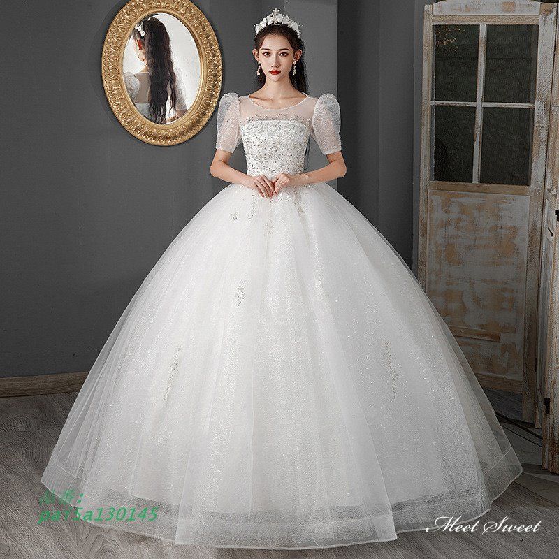 ウェディングドレス ロングドレス プリンセスラインドレス 半袖 パフスリーブ 二次会 前撮り 挙式 ウエディングドレス ブライダル 結婚式 花嫁 チュール pai5a130145