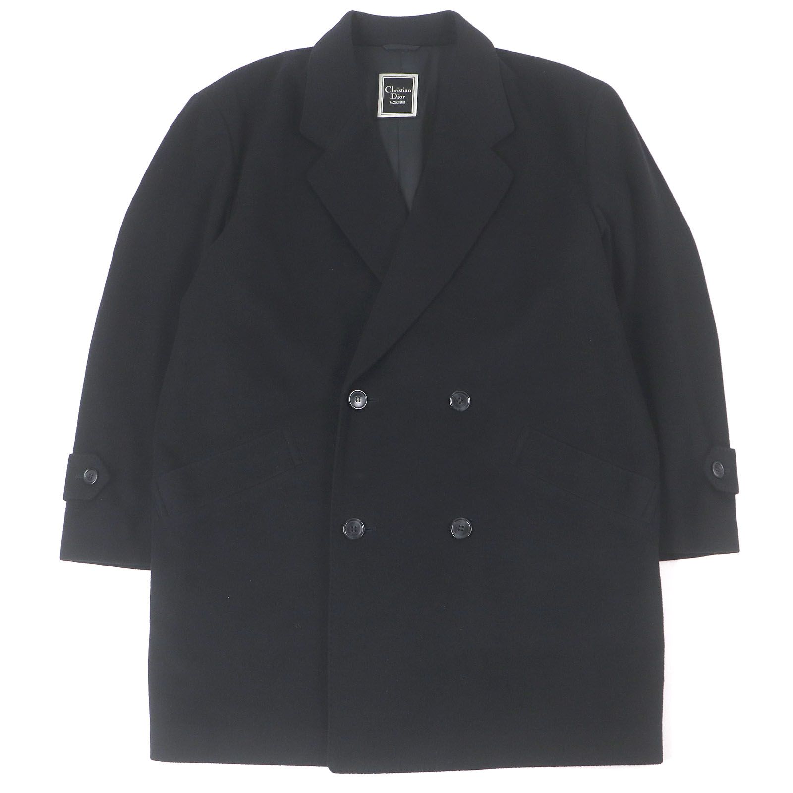 □Christian Dior MONSIEUR クリスチャンディオールムッシュ ヴィンテージ カシミヤ100％ ダブルブレスト チェスターコート ブラック L メンズ