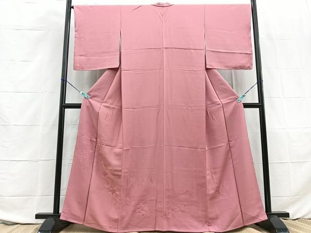 平和屋着物□上質な色無地 雲取り草花地紋 石竹色 着丈149cm