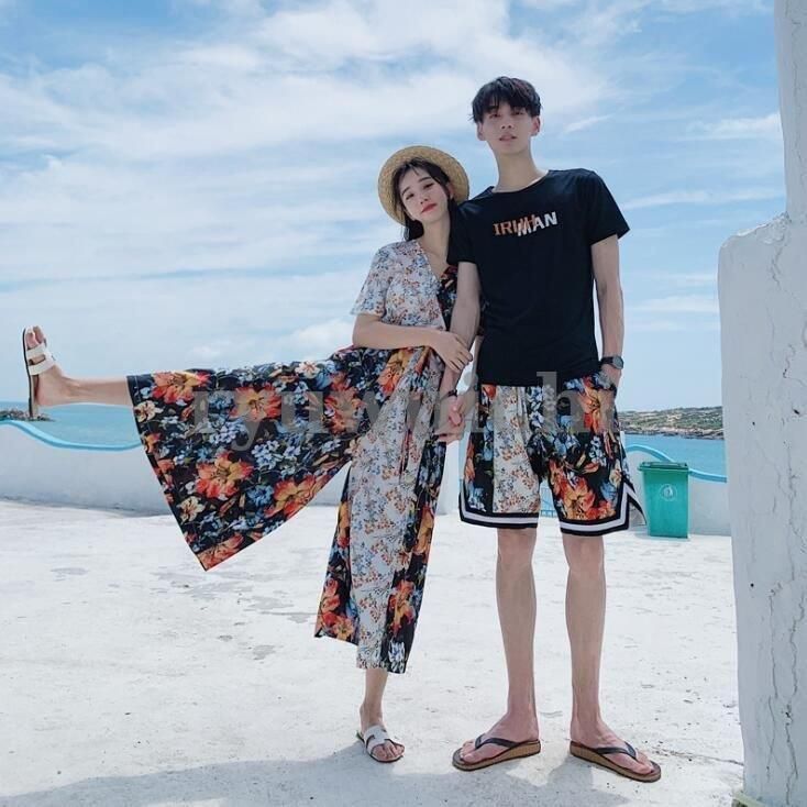 ペアルック カップル ワンピース Tシャツ お揃い 半袖 春夏 恋人 夫婦 レディース オールインワン 夏服  hab 