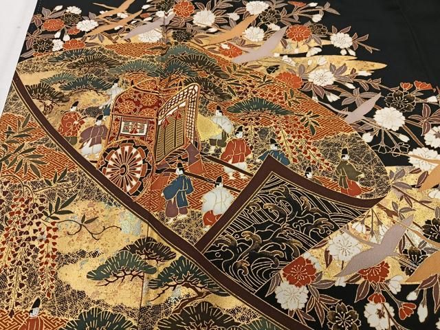 平和屋着物□豪華黒留袖 駒刺繍 吉祥御所車花文 金彩 正絹 逸品