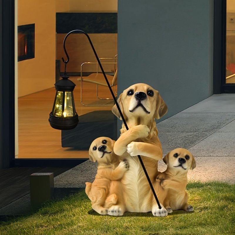 オブジェ 樹脂製 犬の置物 ソーラーランタン付き 庭園の装飾 屋外の庭