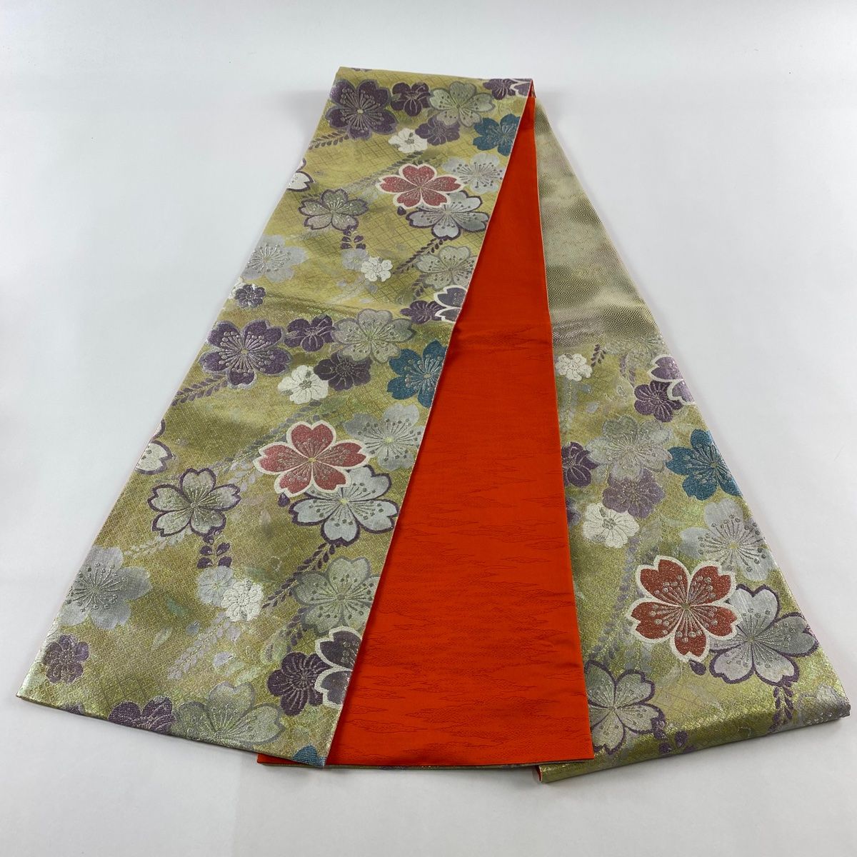 袋帯 美品 秀品 桜 辻が花柄 箔 銀糸 薄黄 六通 正絹 【中古