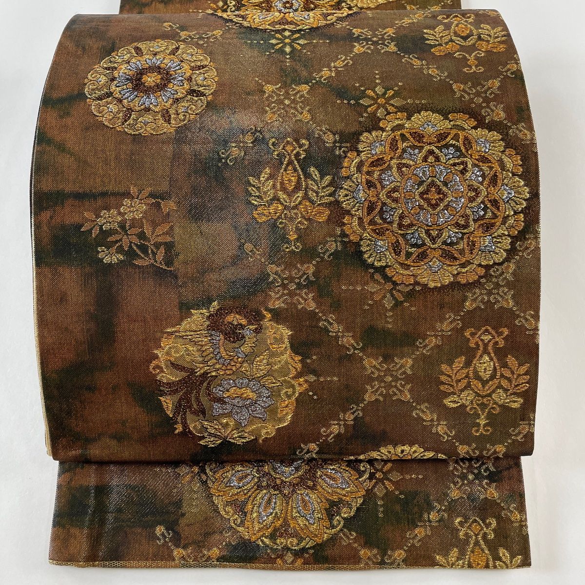 袋帯 正絹 金糸 箔 四季華宝文 全通T-5011 袋帯 美品 名品 菊 華文 金糸 箔 薄紫 六通 正絹 【中古