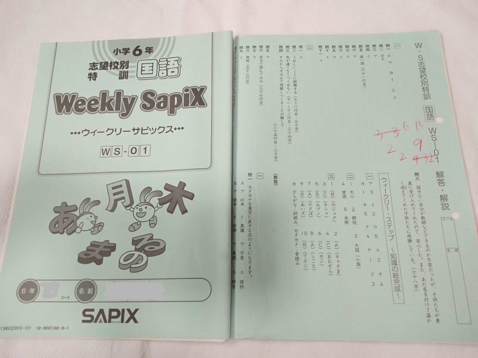 中学受験 国語 SapiXウィークリーサピックス小学6年1〜36 解答付