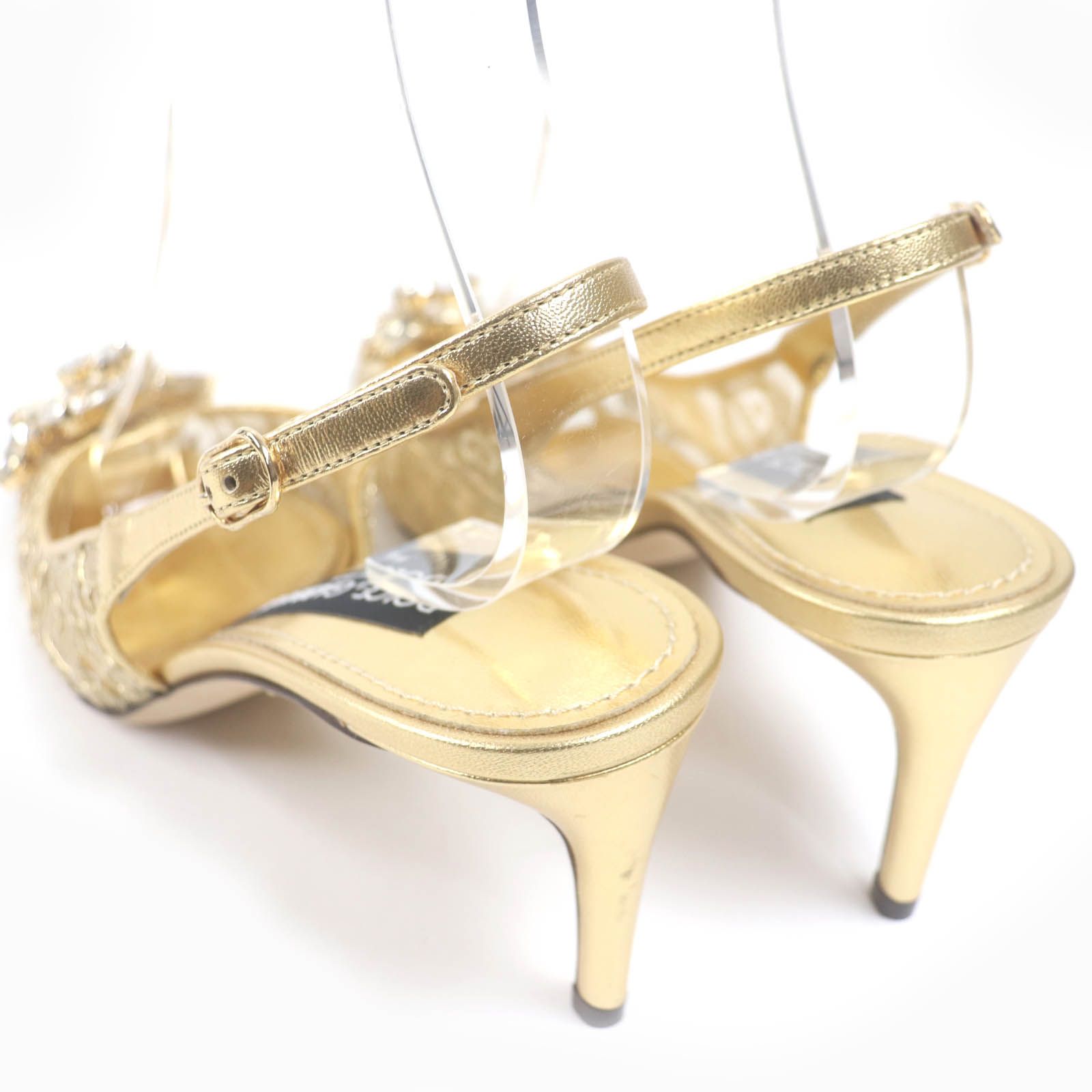 ♥品 DOLCE-GABBANA ドルチェ＆ガッバーナ スリングバックパンプス レインボーレース ルレックスレース クリスタルビジュー ミュール ゴールド 38 保存袋付き イタリア製 レディース 定価195 800円 USTAUSTRALIA_COM_AU