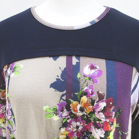 未使用品 シャミー Chamois 花柄 フラワー チェック柄 長袖 Tシャツ カットソー ロンT チュニック 44 紫系 パープル 日本製 ストレッチ タ シャミー Chamois 花柄 フラワー チェック柄 長袖 Tシャツ