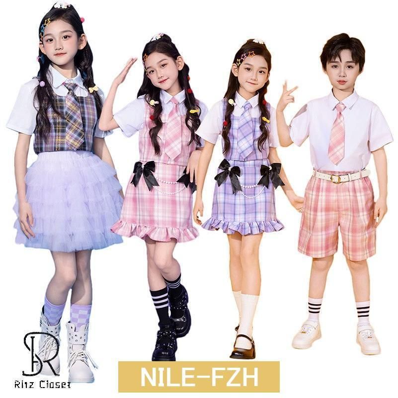 パープル ピンク チア キッズダンス衣装 セットアップ 子供ダンス 女の子 男の子 tシャツ 半袖 チェック柄 スカート 短パン ジャッlwc425
