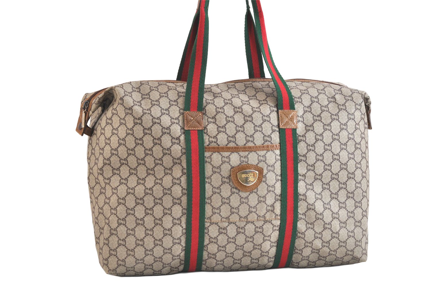 GUCCI グッチ ウェブ シェリーライン GG プラス トラベルボストンバッグ ピーブイシー レザー ブラウン 2764N