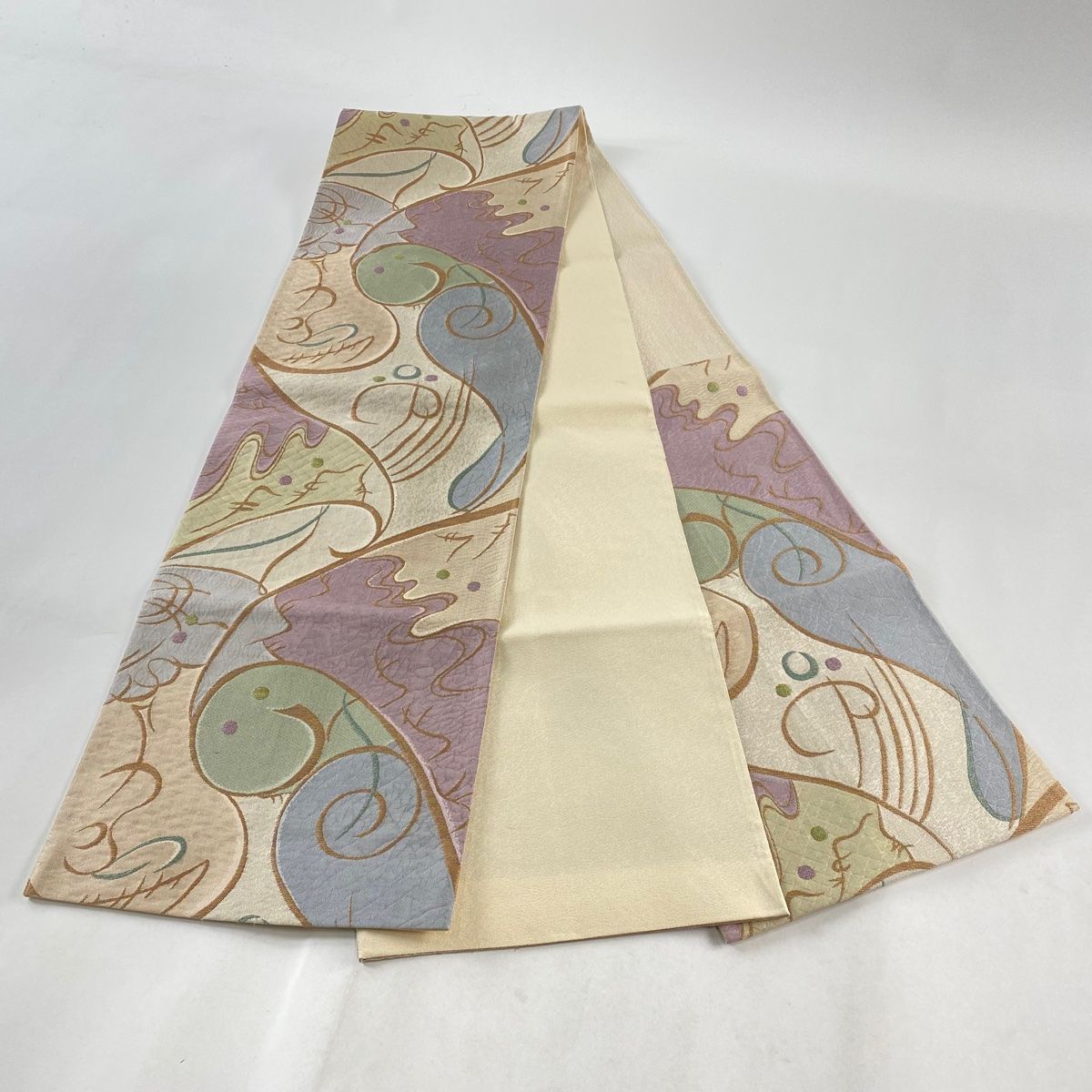 袋帯 美品 秀品 草花 鳳凰 灰緑 全通 正絹 【中古】