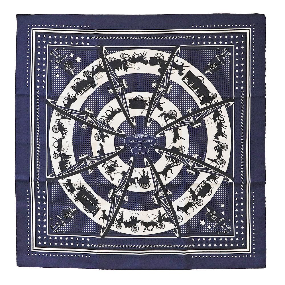 エルメス カレ 55 Paris Qui Roule Bandana 車輪でめぐるパリ バンダナ スカーフ シルク100％ マリン マリーヌ ブラン ノワール ネイビー HERMES ♥品