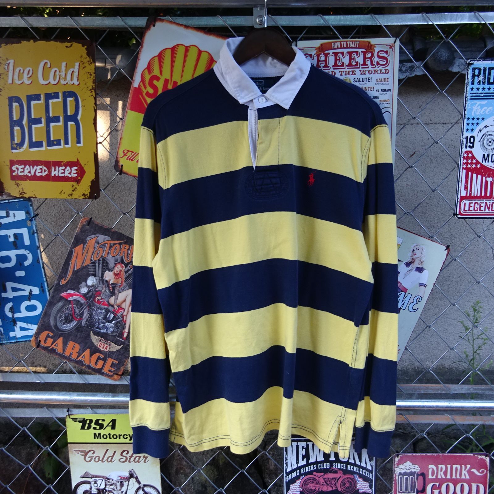 美品 ポロラルフローレン ラガーシャツ 太ボーダー イエロー ネイビー 2XL ポロ ラルフローレン POLO RALPH LAUREN ラガーシャツポロシャツ プル