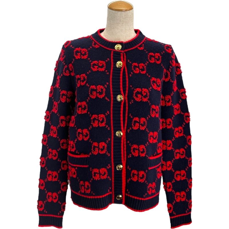グッチ GUCCI GG総柄ノー ニットカーディガン 713300 ネイビー レッド ウール レディース カーディガン