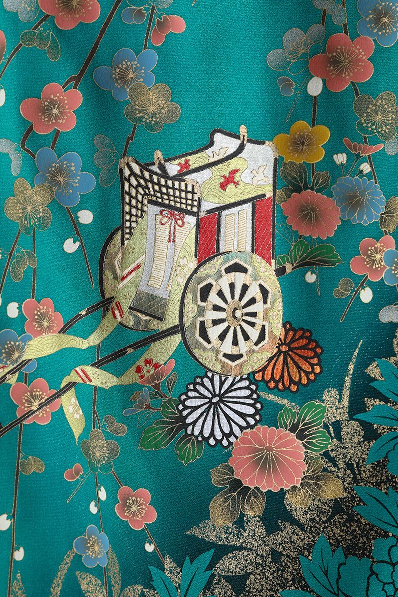 緑 黒 御所車 梅 菊 牡丹 正絹中振袖 正絹 袋帯2点セット(MS931