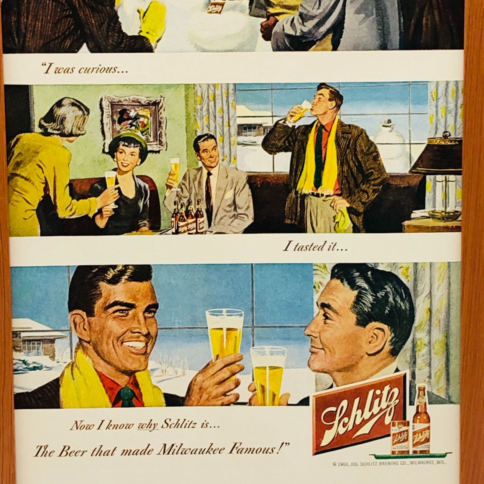 ビンテージ 広告　ポスター　『 シュリッツビール (Schlitz Beer) 』 1950's　額付　オリジナル アメリカ 輸入雑貨　※当時物　 ヴィンテージ　　アートフレーム　 ( AZ1874 )