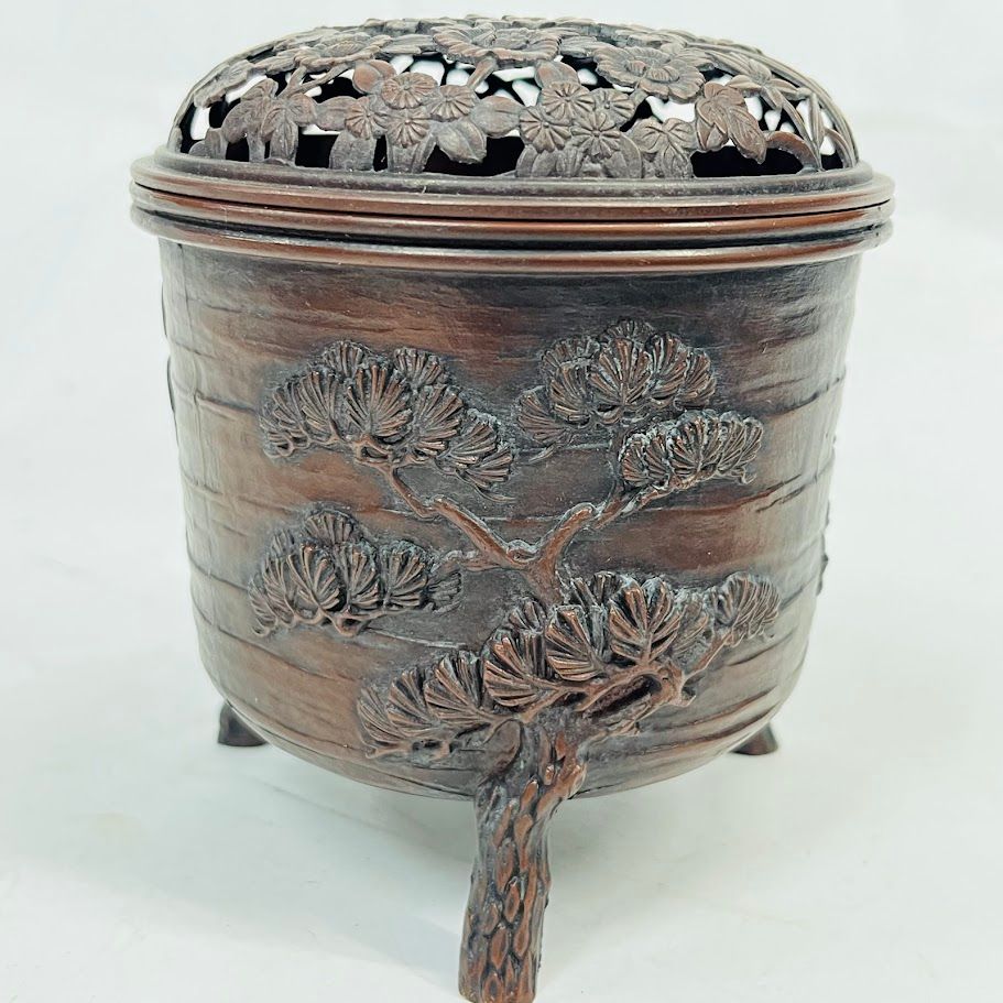 中国　古銅宣徳銅　松竹梅鳥文　香炉　一對　M　5564 T0-19-0000000_06.jpg