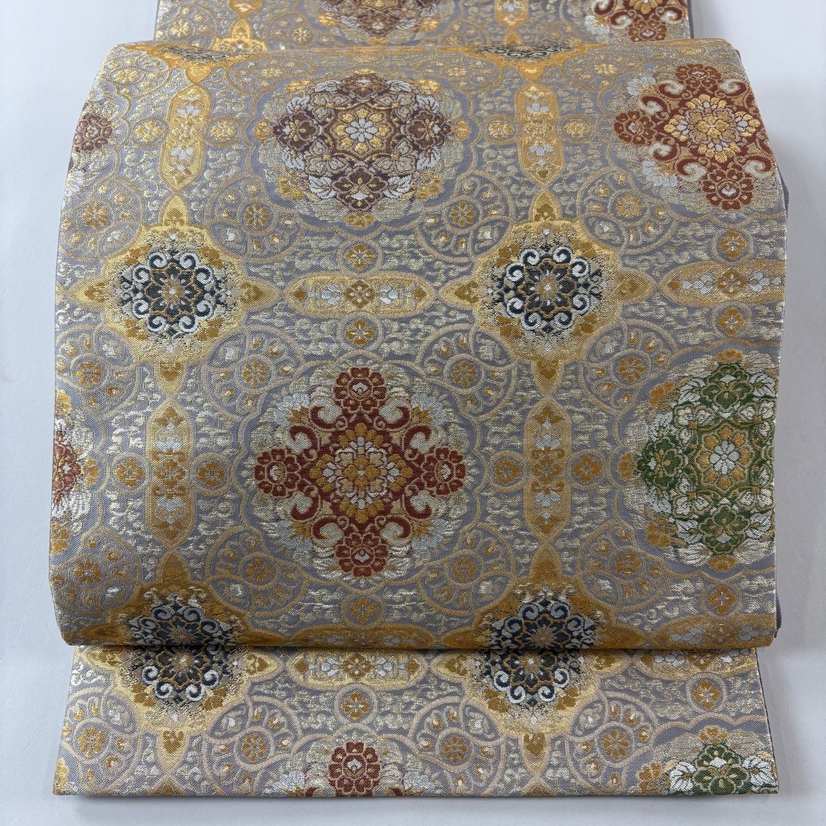 袋帯 秀品 華文 金糸 箔 灰紫 六通 正絹