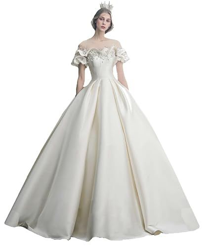 豊作 ウエディングドレス イリュージョンネック ベルスリーブ サテン エレガンス 上 プリンセス 編み上げタイプ Aライン 演奏会 発表会 主役 ゴージャス XL