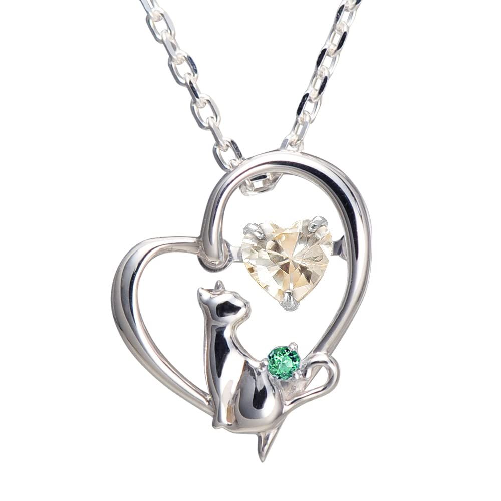 未来天使 ネックレス レディース ハート 猫 ダンシングストーン シルバー 選べる 誕生石 シャンパンゴールドカラー 5月 エメラルド