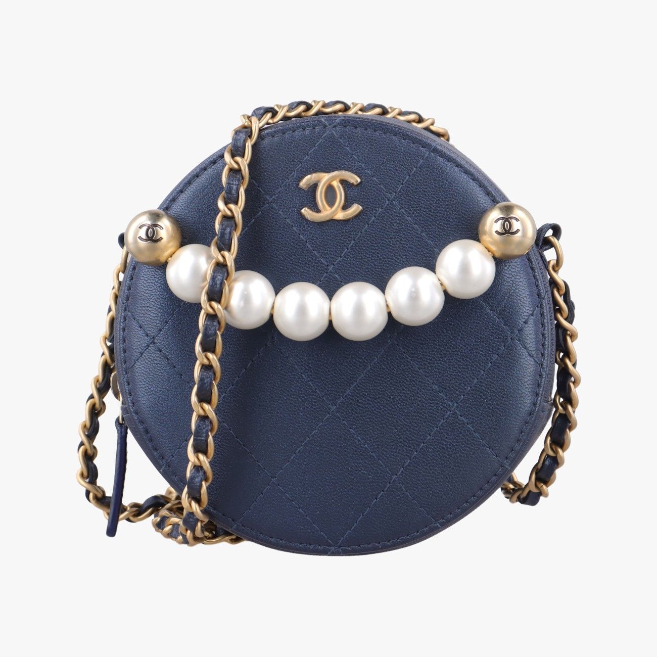 シャネルChanelラウンド パールスネイビーラムスキンAP099929212582