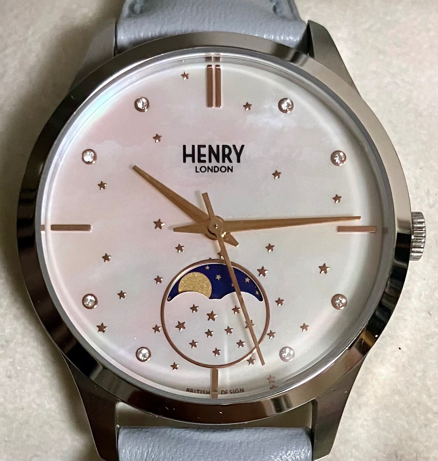 ★稼動品★HENRY LONDON★MOONPHASE★ホワイトシェル文字盤★石付★QZ★スカイブルー★ヘンリーロンドン★レディース腕時計★箱付属★