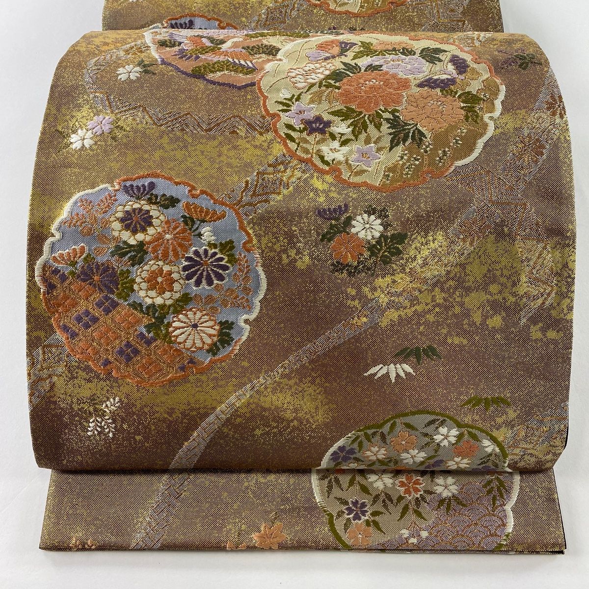 袋帯 美品 秀品 雪輪 草花 金糸 箔 金色 六通 正絹 【中古】
