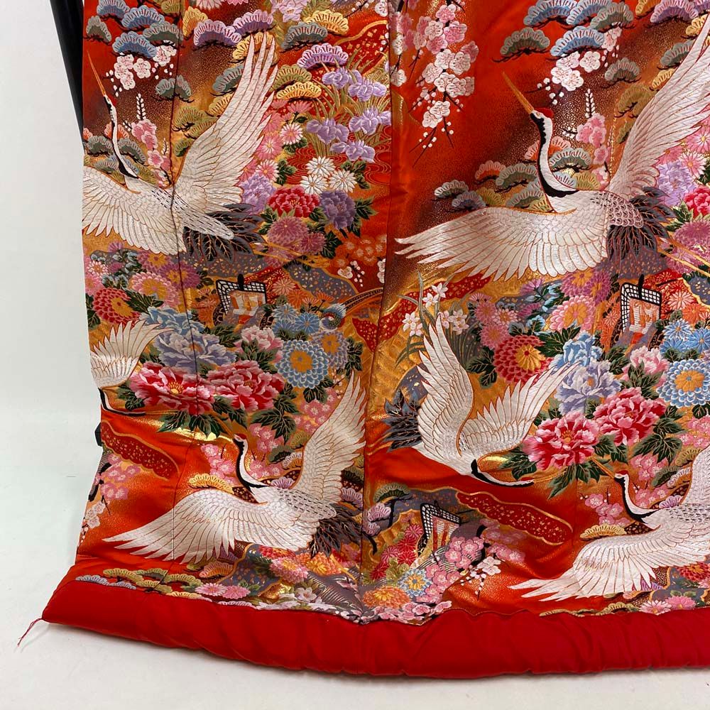 色打掛 正絹 鶴 刺繍 金 赤 打掛 Mサイズ 裄65 花嫁衣裳 婚礼