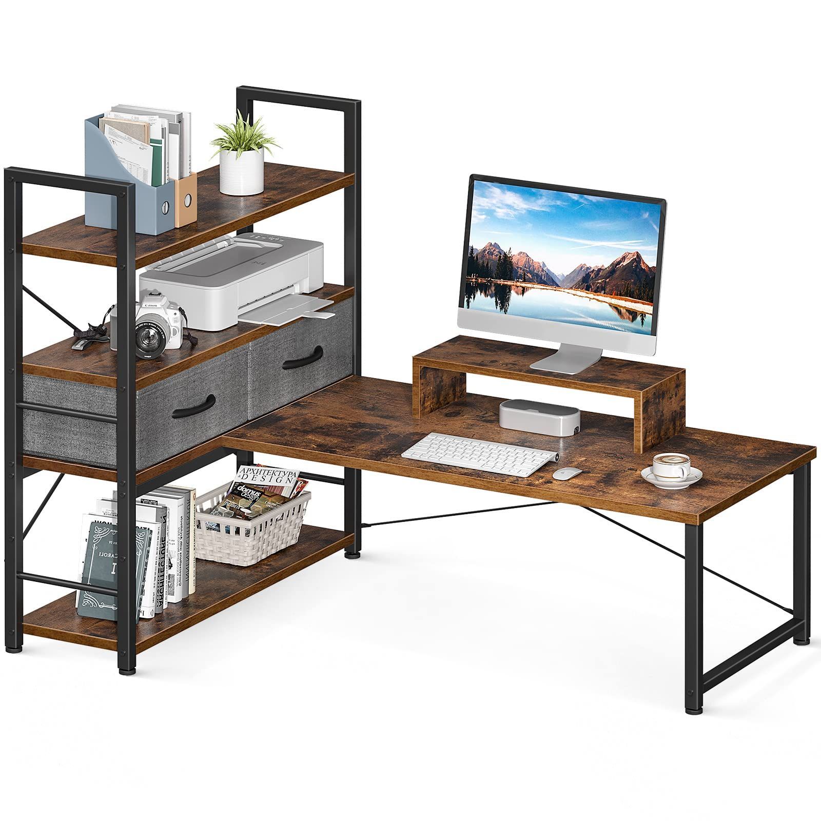 人気商品 幅120cm ロータイプ 引き出し付き モニター台付き ゲーミングデスク パソコンデスク pcデスク 4段収納ラック付き 左右入れ替え対応 ローデスク ローテーブル 省スペース 在宅勤務 ODK 机 おしゃれ ビンテージ